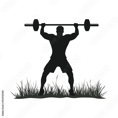 Weightlifter Silhouette Overhead Press - Man Lifting Barbell in Grass Vector