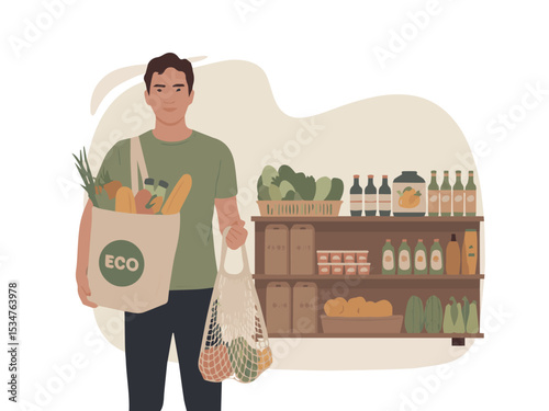 Young man holds eco friendly shopping bag full of fresh groceries from local store food flat diet green bread image style