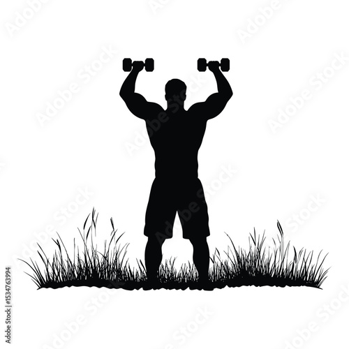 Bodybuilder Silhouette Lifting Dumbbells - Man Working Out in Grass Vector