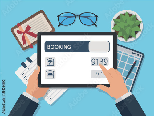 Online hotel room booking process illustration tablet screen showing accommodation options and confirmation number simple