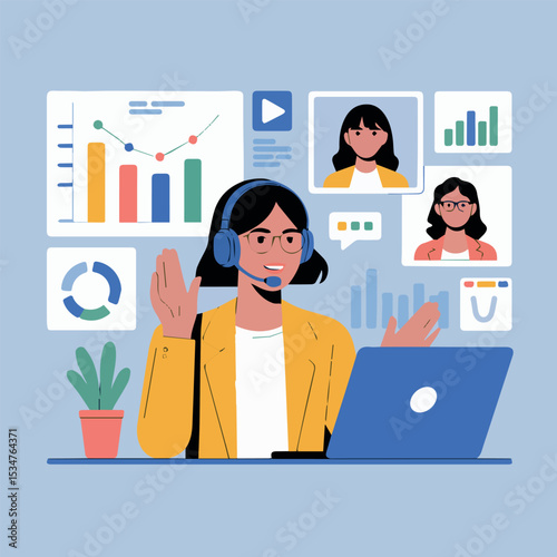 Young businesswoman in video conference meeting discussing important data and charts on laptop work team flat style sales
