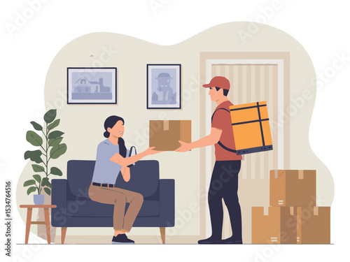 Fast home delivery service happy customer receiving package box man flat order woman style quick online worker indoor