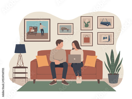 Young couple relaxing on comfortable sofa using laptop modern apartment interior design man home room cozy love flat calm