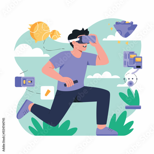 Young man playing immersive virtual reality game running through colorful fantasy landscape vr fun art style happy gaming