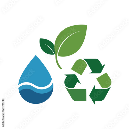 Eco friendly green leaf water drop recycle symbol sustainable nature image blue icon logo save clean fresh earth reuse