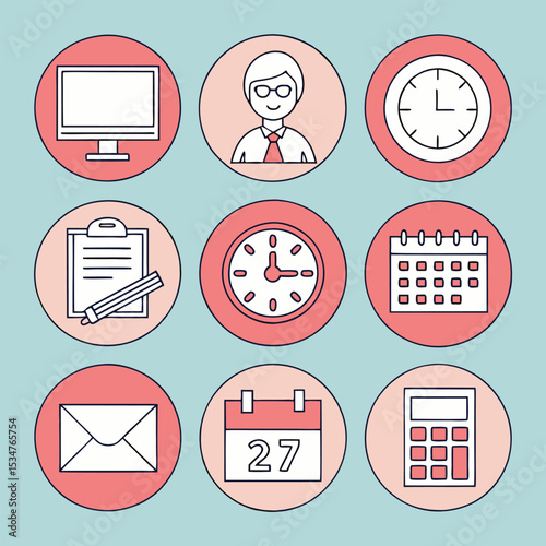 Office icons set time management business schedule
