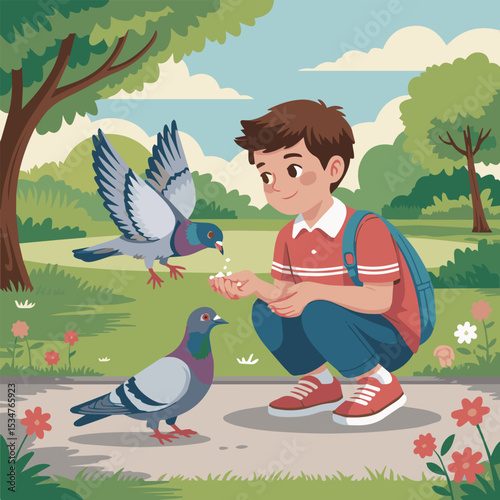 Happy boy feeding pigeons in a beautiful sunny park illustration fun day cute path birds child scene green trees image
