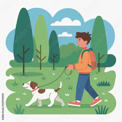 Happy boy walking dog in a beautiful green park on a sunny day pet fun pet cute trees scene image puppy nature summer