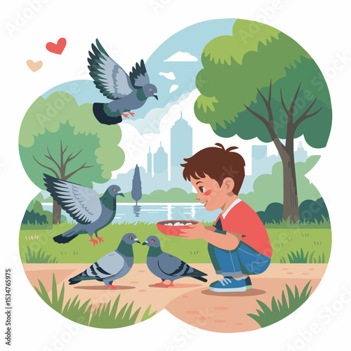 Happy child feeding pigeons in a beautiful city park landscape boy fun sky cute calm birds green trees scene image nature