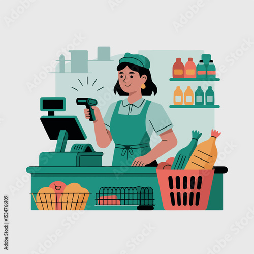 Smiling female cashier scanning groceries at supermarket checkout counter food flat shop store woman happy sales retail
