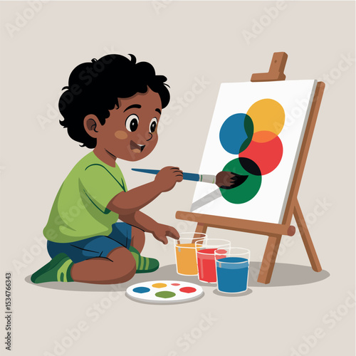 Happy little boy painting colorful abstract art on easel kid fun cute child brush young hobby artist colors canvas studio