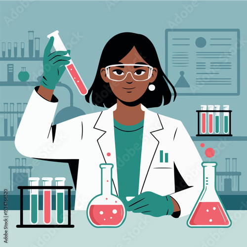 Female scientist in lab coat conducting experiments with test tubes and flasks in a modern well lit laboratory setting