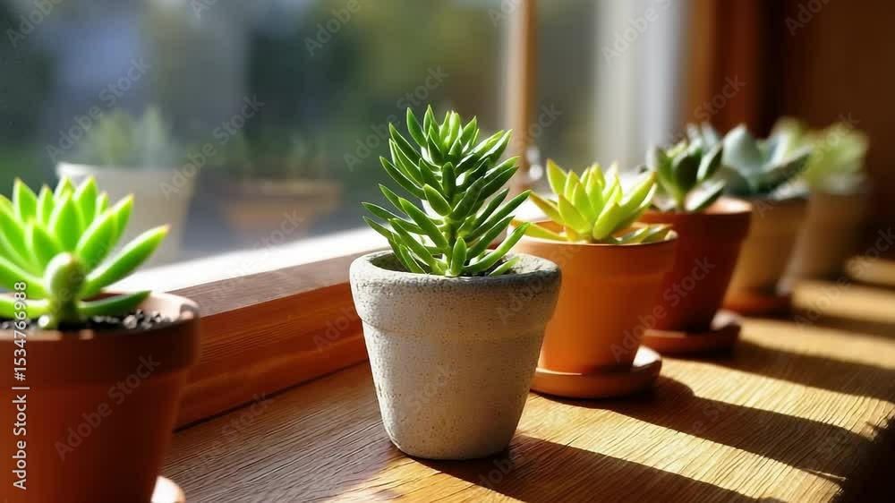 Succulent plant pot sunlight window green indoor natural leaf wooden bright home fresh decorative peaceful small arrangement cozy growth healthy daylight modern minimal interior nature houseplant