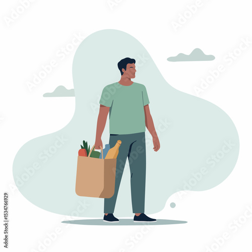 Man carrying grocery shopping bag with fresh vegetables and drinks healthy lifestyle food flat blue green brown happy