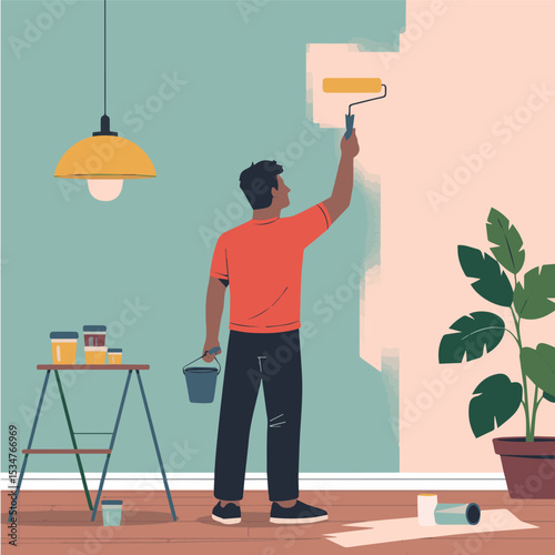 Man painting a wall with a paint roller in a modern home interior diy room flat decor house style style brush colors