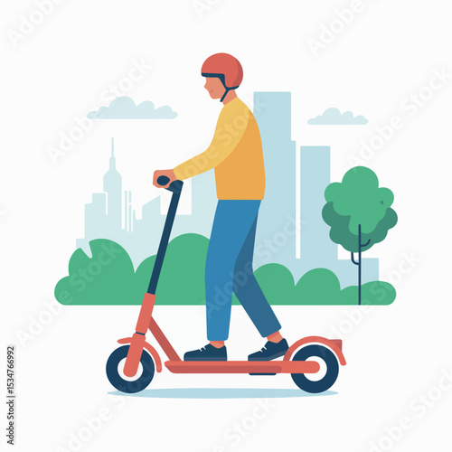Man riding electric scooter in city park urban landscape modern transportation day fun eco flat speed young adult style