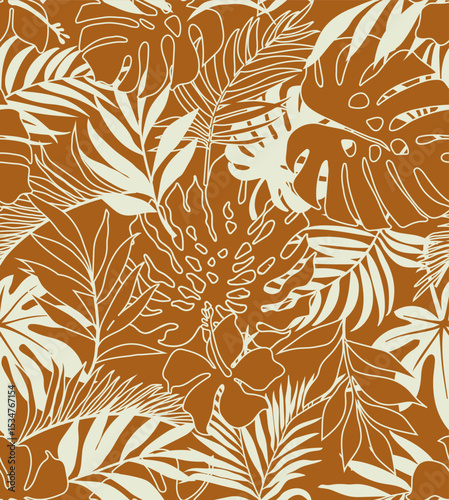 seamless pattern Exotic   wallpaper of tropical flowers   leaves of palm trees and flowers bird of paradis, hibiscus, artwork for fabrics, souvenirs, packaging, greeting cards 