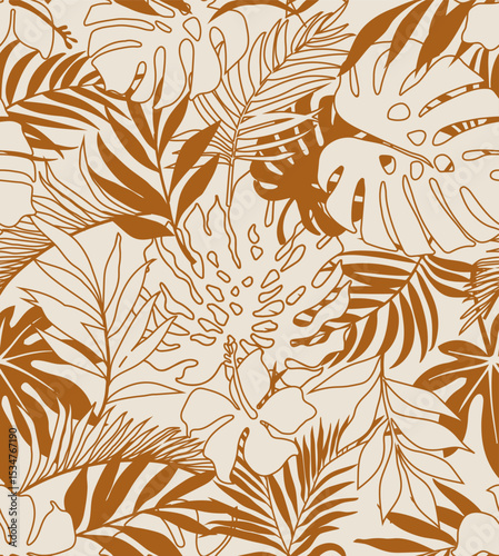 seamless pattern Exotic   wallpaper of tropical flowers   leaves of palm trees and flowers bird of paradis, hibiscus, artwork for fabrics, souvenirs, packaging, greeting cards 
