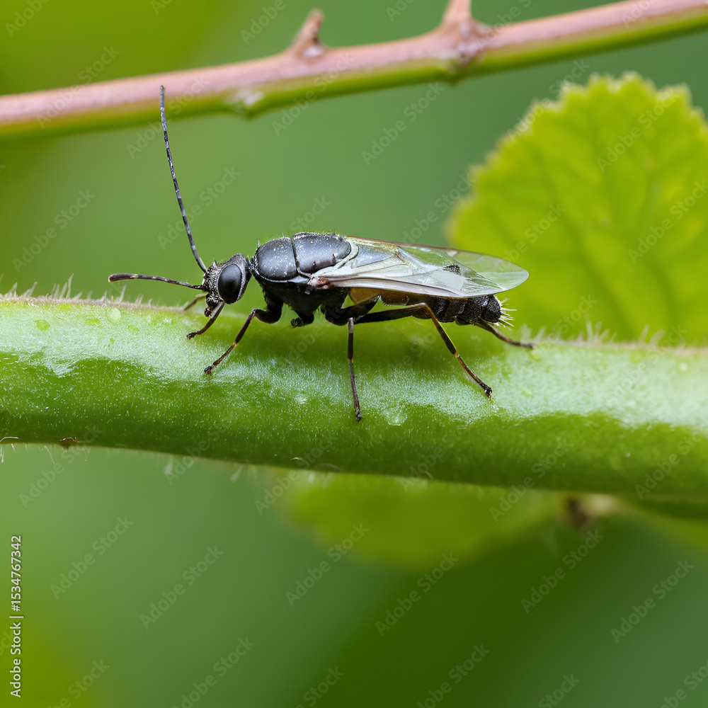 Fototapeta premium Colony of Eriosoma lanigerum, the woolly apple aphid, woolly aphid or American blight, an aphid in the superfamily Aphidoidea in the order Hemiptera on a apple tree twig. Selective focus.
