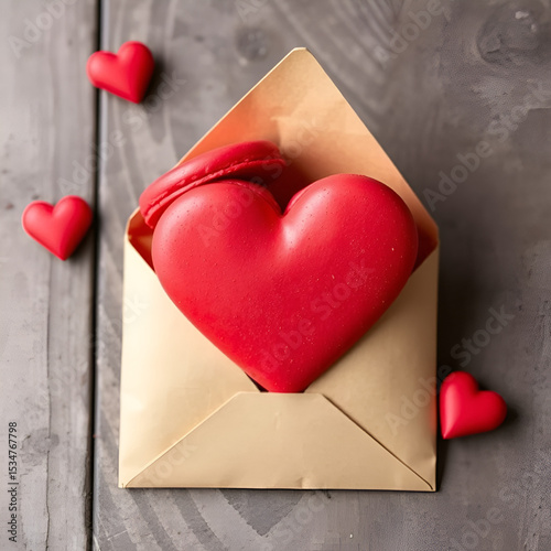 Red Macarons and red shaped hearten an envelope