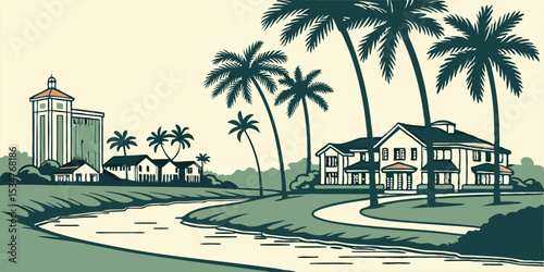 Silhouette of Port St. Lucie with Tropical Suburb and Civic Buildings