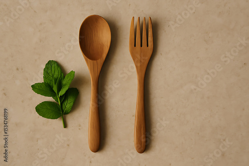 Flatlay of wooden spoon and fork with mint on beige background wooden spoon and fork

