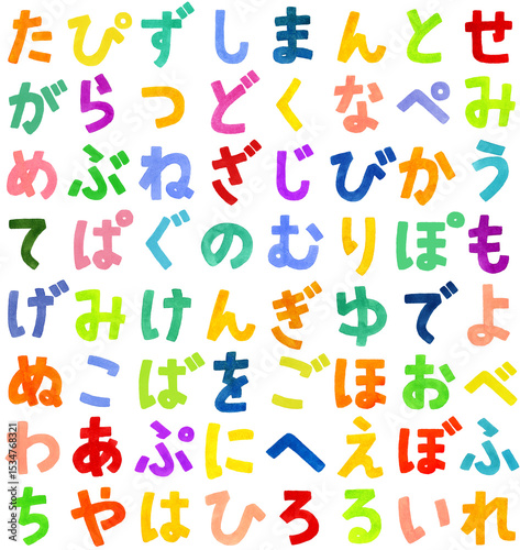 カラフルなひらがなのシームレスパターン　手描き水彩イラストの背景素材