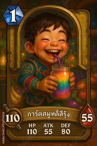 Rainbow of Delight: A cheerful young boy with a radiant smile enjoys a vibrant rainbow-colored drink in a photorealistic illustration, celebrating a moment of pure bliss.