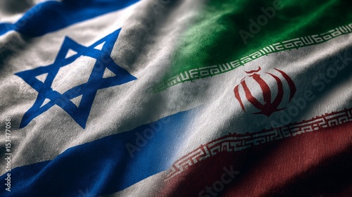  Israel vs Iran. Fists with flags. Battle of two countries on sky.