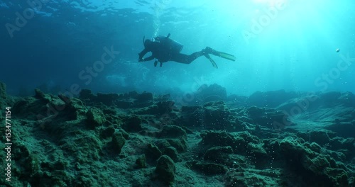 Wallpaper Mural silhouette  scuba diver sun beam shine rays underwater ,diver relaxing blue ocean scenery of people Torontodigital.ca
