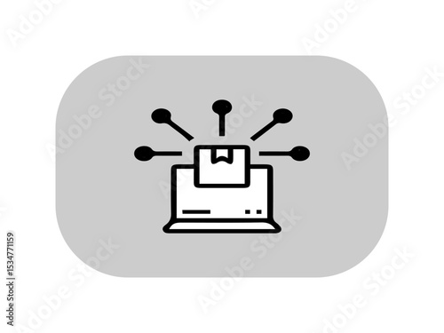 The image displays a black outlined icon of a laptop with a parcel or package emerging from the screen. Multiple lines extend outward from the package, each ending in a dot