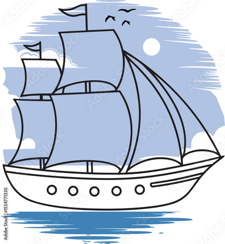 Illustration of a sailing ship with blue sails on the sea with birds and a sun in the background