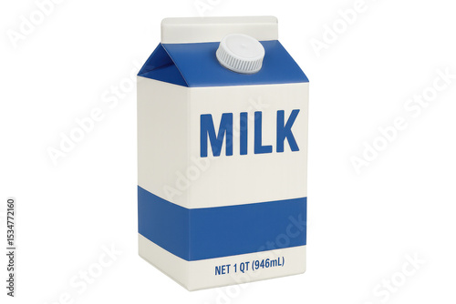 Classic milk carton with blue top and label, isolated on a transparent background, ready for compositing