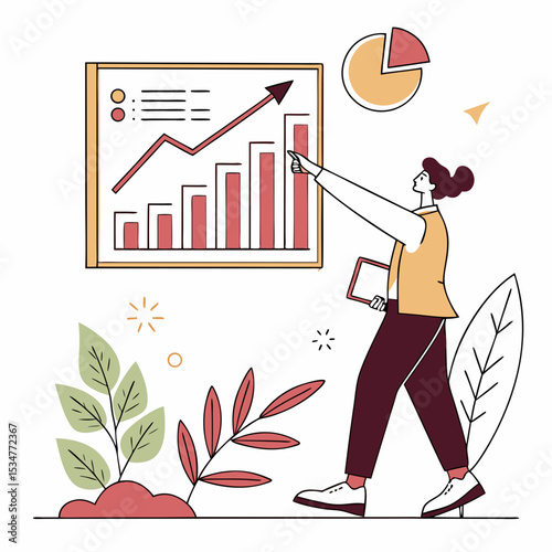 Businesswoman presenting upward trending bar graph data growth success