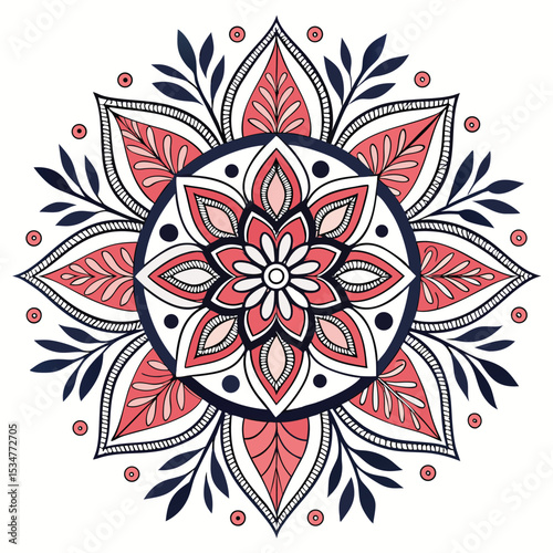 Detailed colorful mandala artwork featuring floral motifs and decorative elements on white background