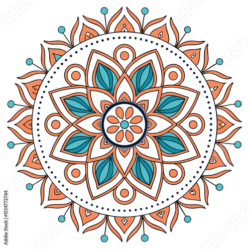Elegant and intricate mandala design featuring teal orange and blue symmetrical artistic illustration
