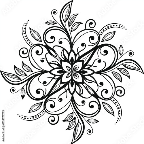 Intricate black and white floral mandala design featuring swirls and decorative leaves