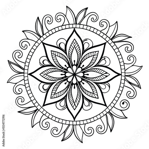Intricate floral mandala design in black and white for meditation and relaxation purposes