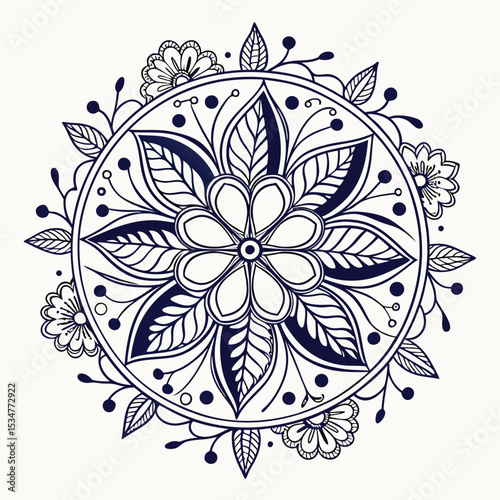 Intricate floral mandala design in dark blue featuring delicate flowers and leafy elements