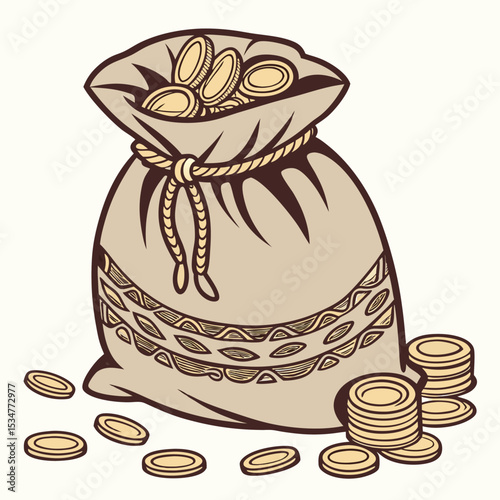 Cartoon sack of gold coins money bag