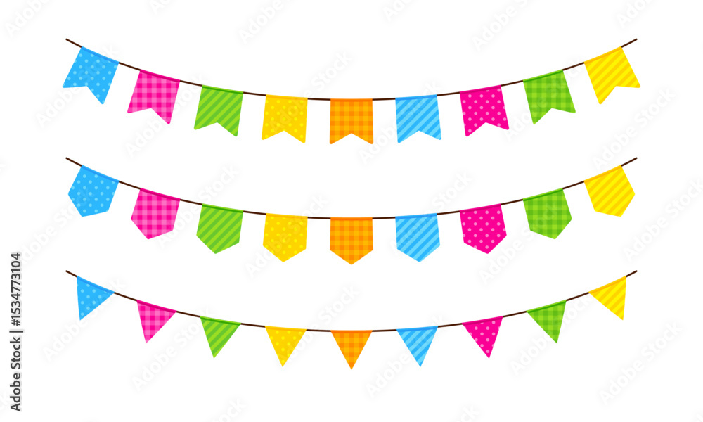 Colorful patterned festa junina banners with traditional bunting. São João, arraiá, arraial, Brazilian holiday and celebration decor concept. Flat vector illustration isolated on a white background