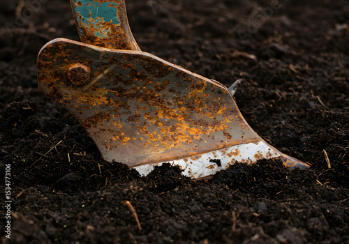Rusty plow blade in dark soil