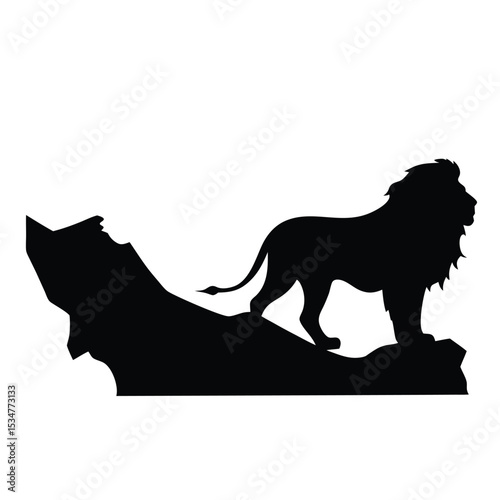Majestic silhouette of a lion standing proudly on a rocky outcrop against white background