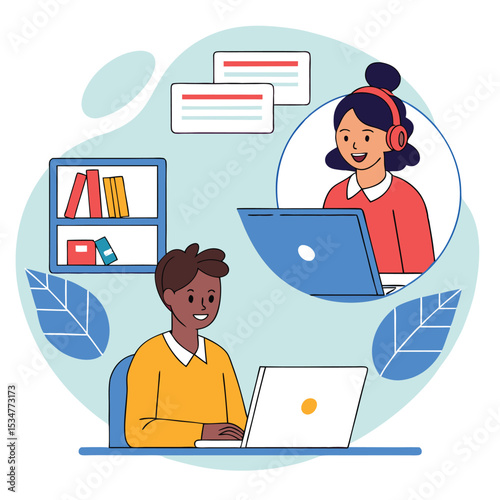 Online tutoring session student teacher laptop