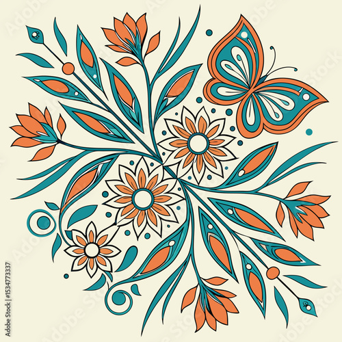 Vibrant floral and butterfly decorative vector design in teal and orange color scheme
