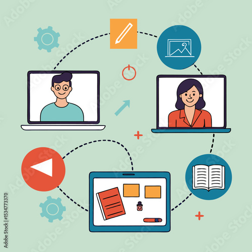 Online collaboration teamwork education technology concept