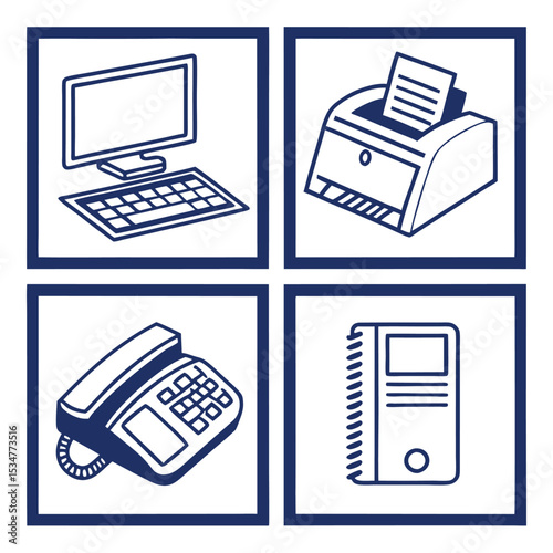 Classic office equipment icons blue illustration
