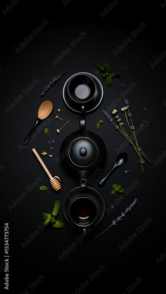 Obraz premium Elegant Black Tea Set with Lavender and Mint A Dark and Serene Still Life