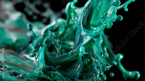 Vibrant Green Liquid Splash: Macro Photography of Fluid Dynamics and Abstract Art in Motion with Textured Aqua Tones and Painterly Effects on Dark Background