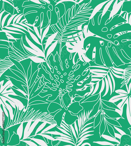 seamless pattern Exotic   wallpaper of tropical flowers   leaves of palm trees and flowers bird of paradis, hibiscus, artwork for fabrics, souvenirs, packaging, greeting cards 